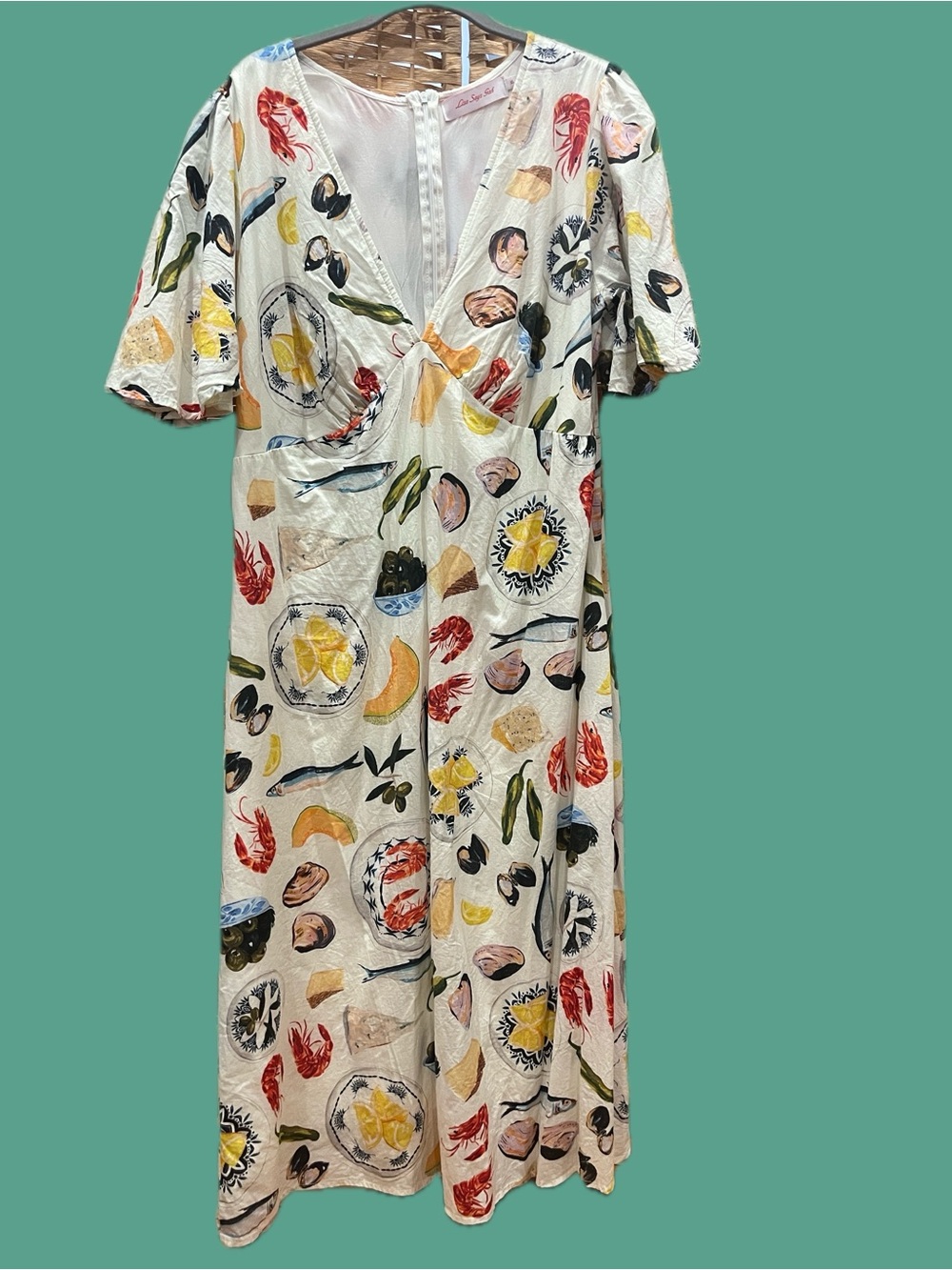 Lisa Says Gah Flutter Sleeve Maxi Dress with Colorful Seafood Print XL